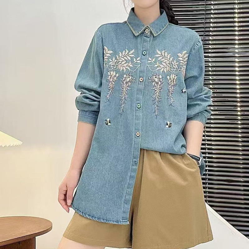 宽松大码刺绣牛仔衬衣日系田园风森女系牛仔衬衫女长袖上衣女装|undefined