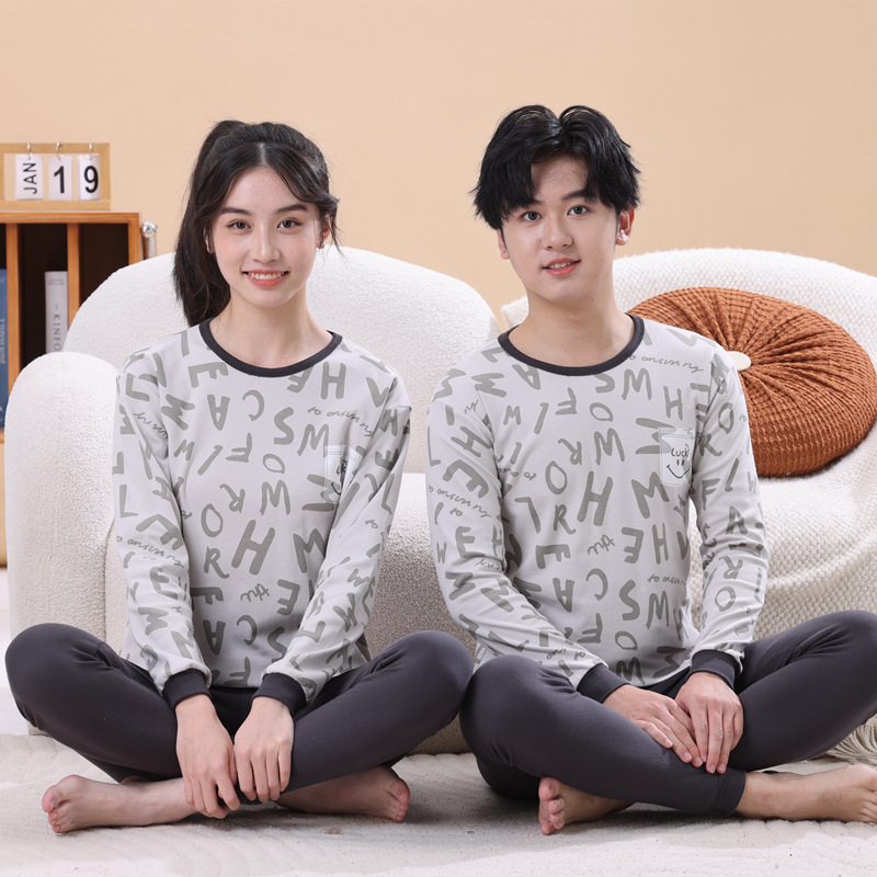 青少年秋冬印花圆领纯棉家居服睡衣两件套中大男女童打底内衣套装