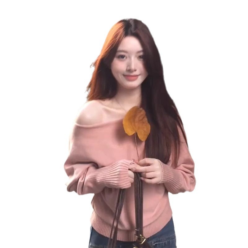 한국식 핑크 긴팔 니트 스웨터 여성의 가을 및 겨울 내베이스 레이어 스웨터 서양식 연령 감소 숄더 탑