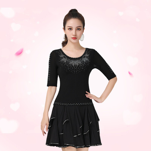 Square dance modern dance top new style female butterfly diamond round neck three-quarter sleeves Latin dance costume jitterbug suit