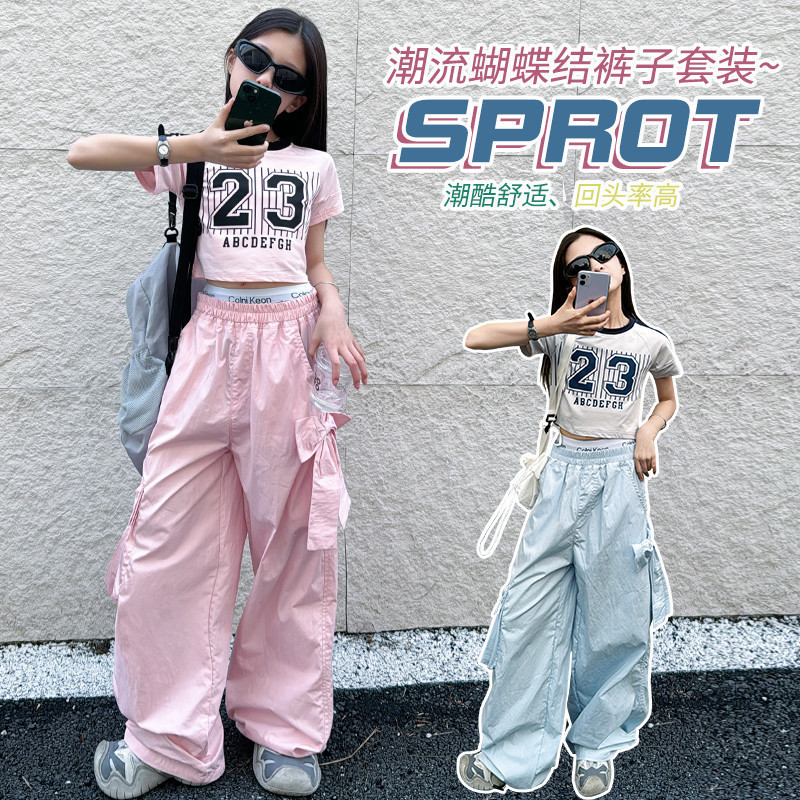 Girls Suit 2025 Summer American Sports Short-Sleeved T-Shirt Sweet Cool Style Dopamine Bow Wide-Leg Cargo Pants