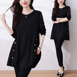 plus size Women's Spring Lace Stitching Fashionable Loose Slim-fit Top Women's 2025 New Slim-fit Mid-length Base Shirt