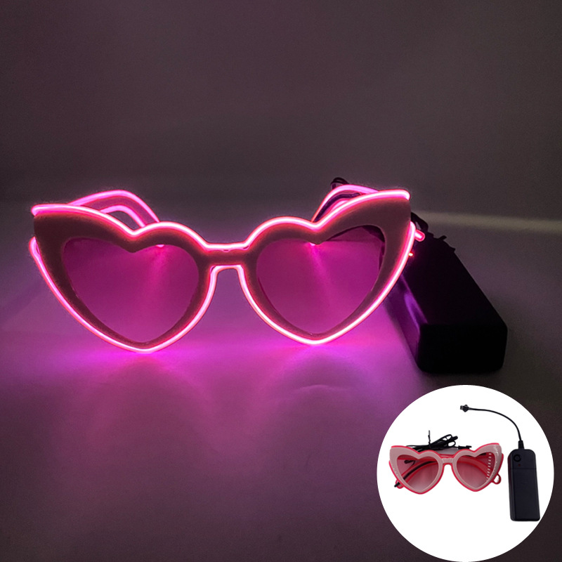 Nuevas gafas de sol luminosas de corazón de melocotón LED para hombres, gafas de amor de fiesta europeas y americanas transfronterizas, gafas de sol de moda callejera para damas