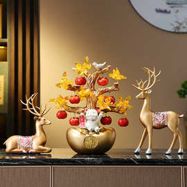 新中式高档鹿摆件客厅玄关招财猫发财摇钱树元宝装饰乔迁新居礼品