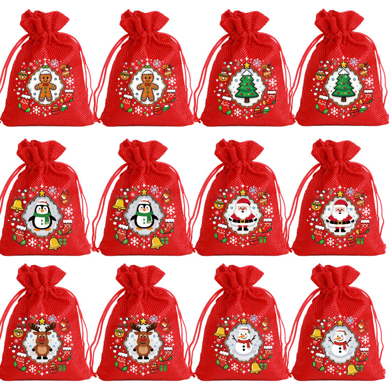 红色麻布圣诞派对礼品袋圣诞袜包装袋6个圣诞节小袋子曲奇饼干袋