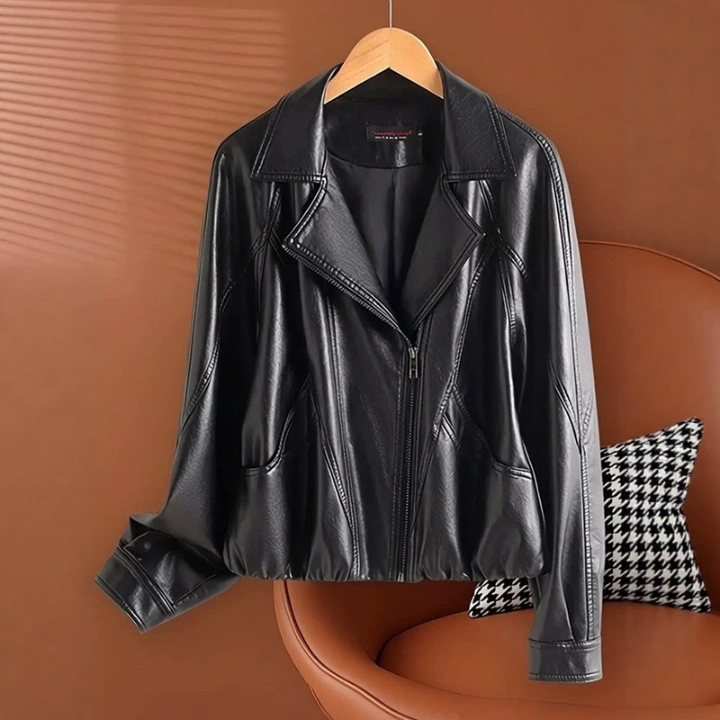 2026 New Early Autumn Short Leather Jacket for Women with a Suit Collar, Slim-Fit Leather Blazer, Versatile Leather Jacket