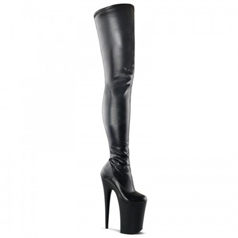 26cm odiar el cielo de tacones de acero de agujas de acero superfino para mujeres a prueba de agua botas de rodilla de cuero esmaltado negro botas altas