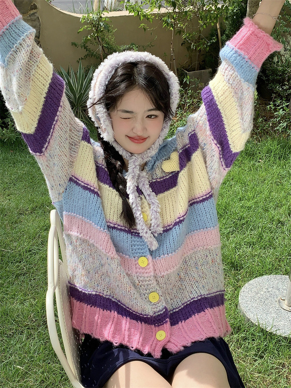 实拍~新款韩系甜美减龄彩虹撞色连帽爱心宽松开衫毛衣外套|undefined