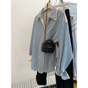 Hong Kong Style Retro Design Sense Fake Two-piece Striped Shirt Men's and Women's Spring and Autumn Loose Lazy All-match Casual Shirt Jacket