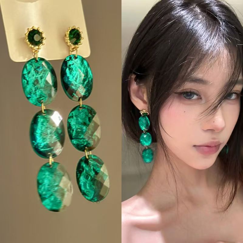 银针复古几何祖母绿镶钻耳环超闪小众轻奢耳坠高级感大气时尚耳饰