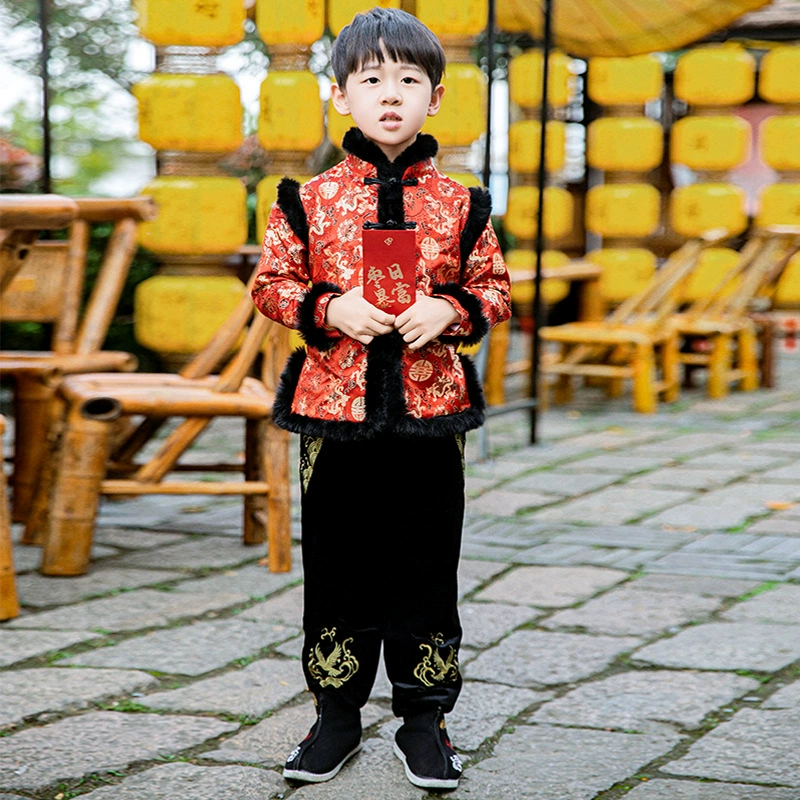 Древний костюм мальчика в национальном стиле Костюм Hanfu Tang 2024, новый зимний утолщенный детский старинный стиль, детская одежда, новогодняя Праздничная Новогодняя поздравительная одежда