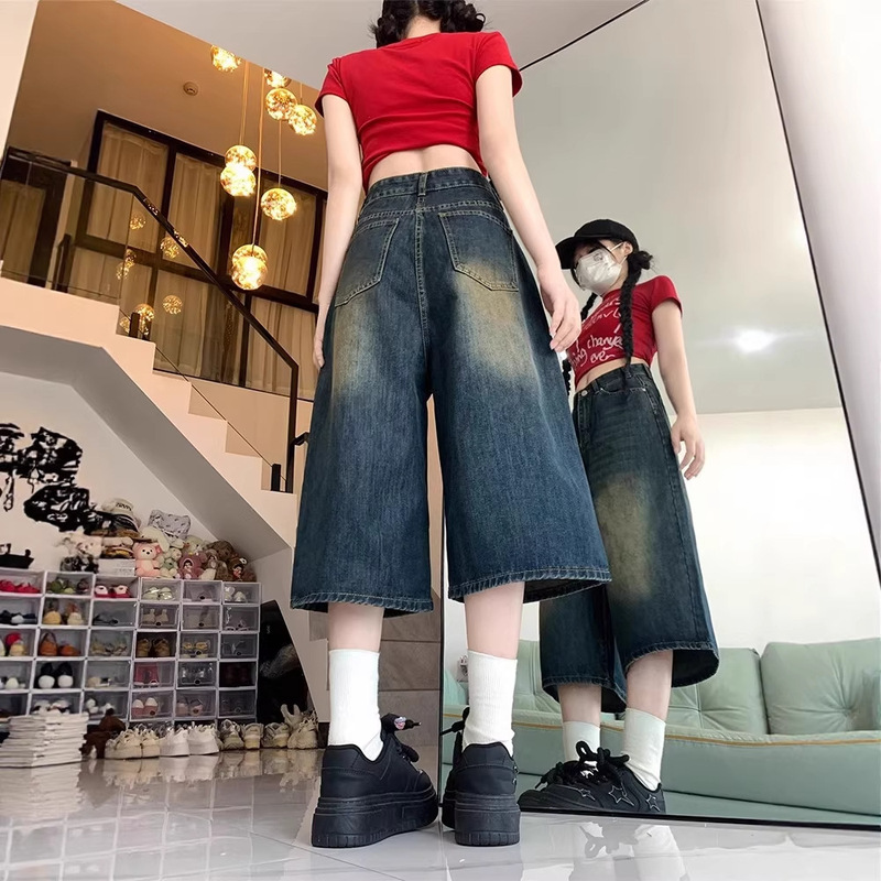 American High Street Retro Wide-Leg Cropped Jeans for Women, Summer High-Waisted Plus-Size Slimming Loose Straight Mid-Length Pants