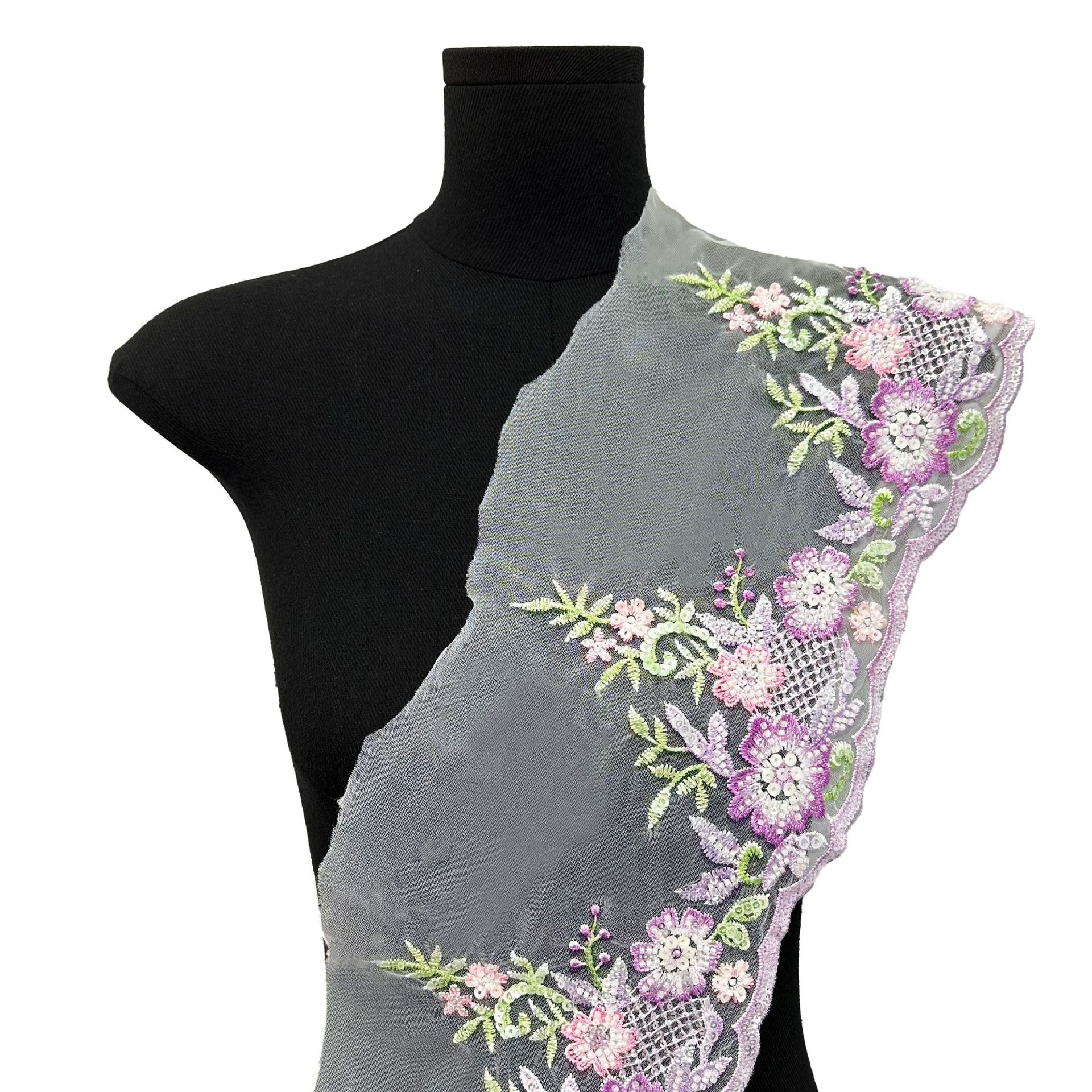 Encaje Bordado Tridimensional con Pedrería 10 Yardas de Poliéster para Vestidos de Novia y Decoración de Ropa