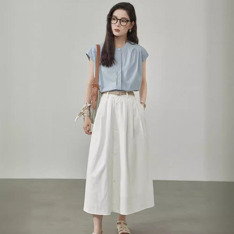 Blue Sleeveless Shirt Women's Summer Thin Pure Cotton Hidden Button Vertical Collar Shirt Age-reducing All-match Design Niche Top
