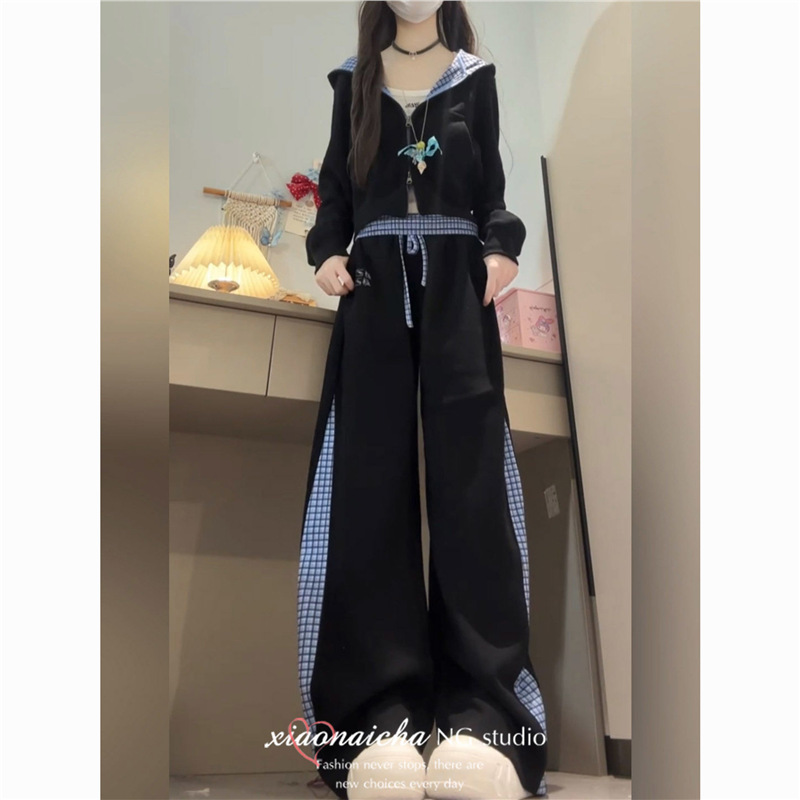 2025秋冬新款韩系穿搭一整套连帽短卫衣外套女高腰显瘦阔腿裤套装