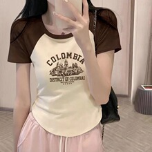 2025夏季甜辣风不规则拼接短款短袖t恤女撞色u型下摆小众设计感潮