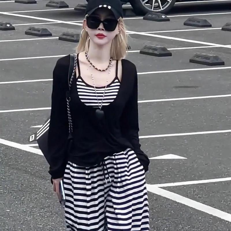 秋季韩系套装女显瘦减龄运动休闲条纹吊带阔腿裤长袖上衣三件套潮|undefined