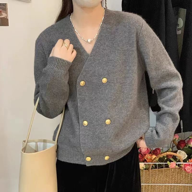 春秋季新款针织开衫女法式小香风V领双排扣别致毛衣外套上衣2025|undefined