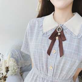 小个子学院风清新蝴蝶结格子连衣裙夏季新款甜美少女学生雪纺裙子