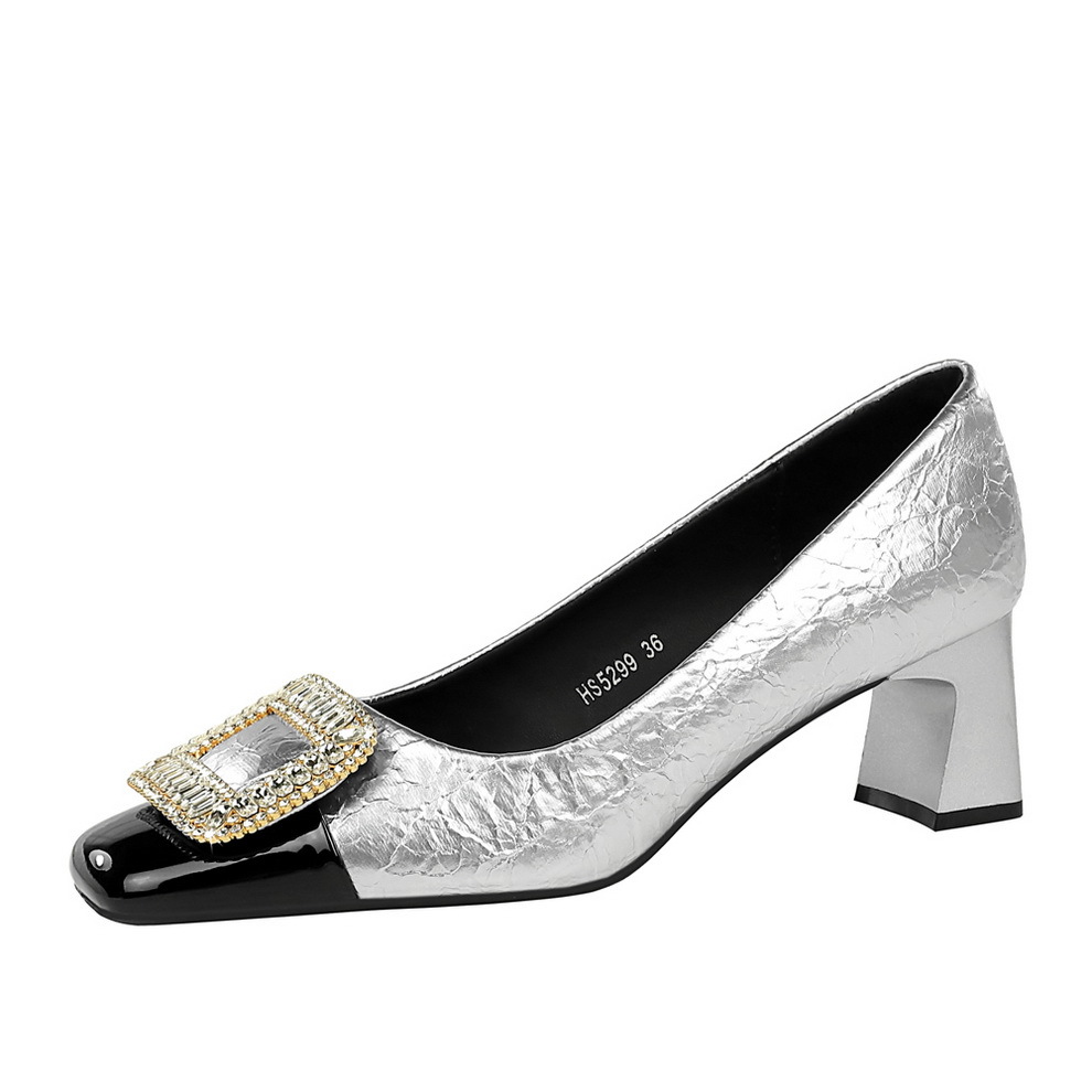 5299-K32 Korean Style Light Luxury Women's Chunky Mid Heel Shallow Mouth Burst Pattern Patchwork Square Toe Metal_vogvips.com