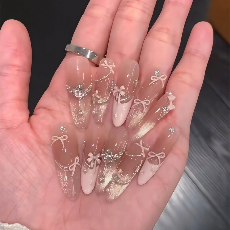 Handmade Wearable Nails, Pink French Cat-Eye Bow, Pure Lust Nail Art Stickers, High-End Atmosphere, Sparkling Whitening Manicure