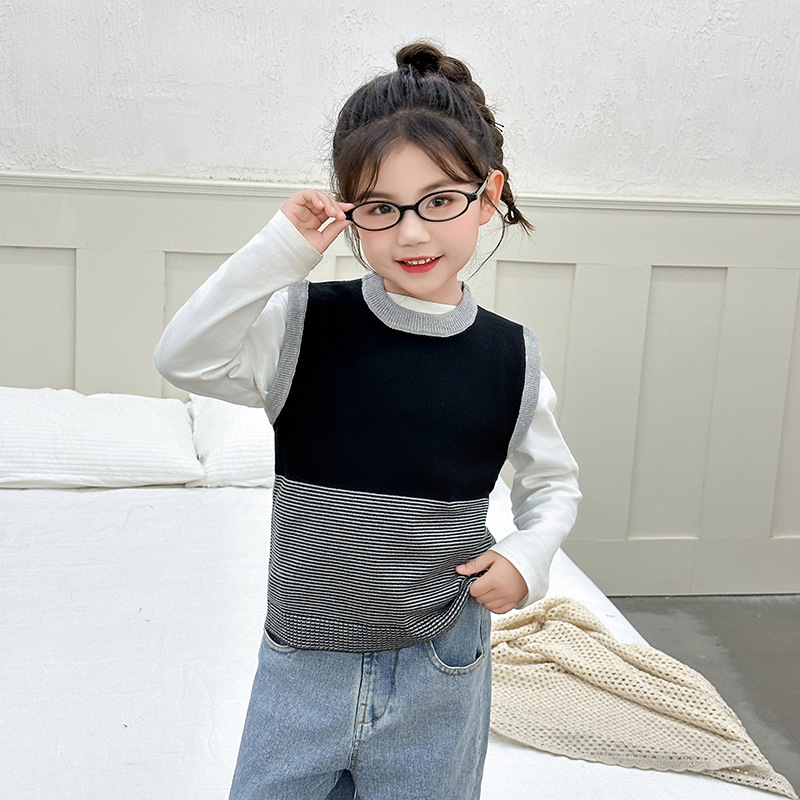 春秋2025韩版休闲男女童宝宝拼接条纹马甲儿童洋气毛线针织衫背心