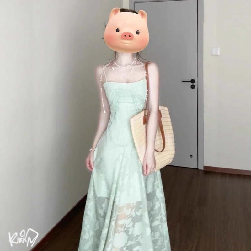 Seaside Resort Style Green Suspender Dress for Women Summer Elegant Mesh Stitching Waist Slimming Look A-Line Skirt Long Skirt Seaside Resort Style Green Suspender Dress for Women Summer Elegant Mesh Stitching Waist Slimming Look A-Line Skirt Long Skirt