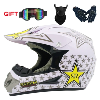 Motosiklet kaskı (dəbilqə) – Off-road mountain motorcycle helmet Four - white-five-pointed-star-goggles-mask-black-gloves-s