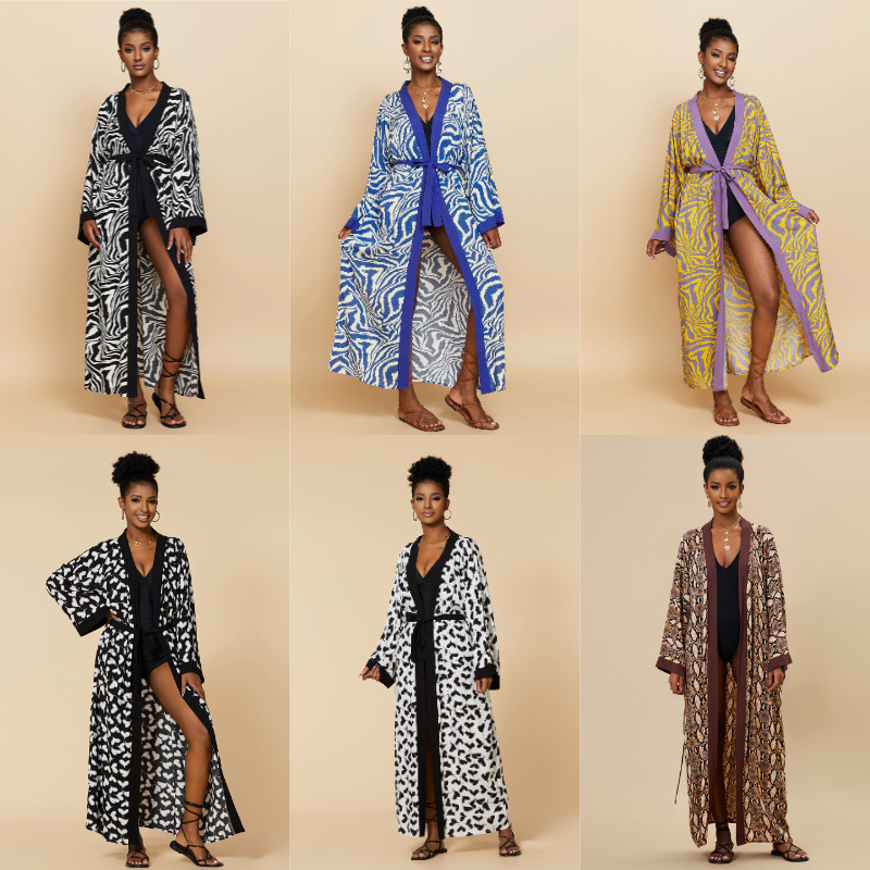 Women's Flowy Cover Up Kimono Beach Dress With Exotic Prints Lightweight Linen Feel Fabric For Pool, Vacation, Boho Outfit_ecoleips.com
