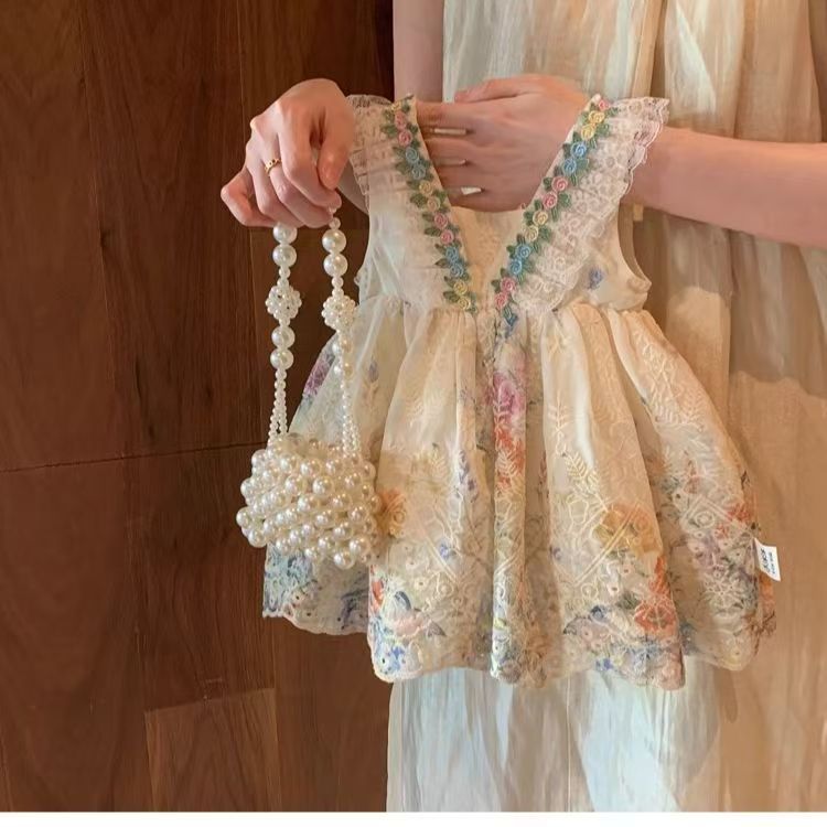 Girls Summer Dress 2025 New Children's Baby Summer Princess Dress Western Style French Floral Vest Skirt