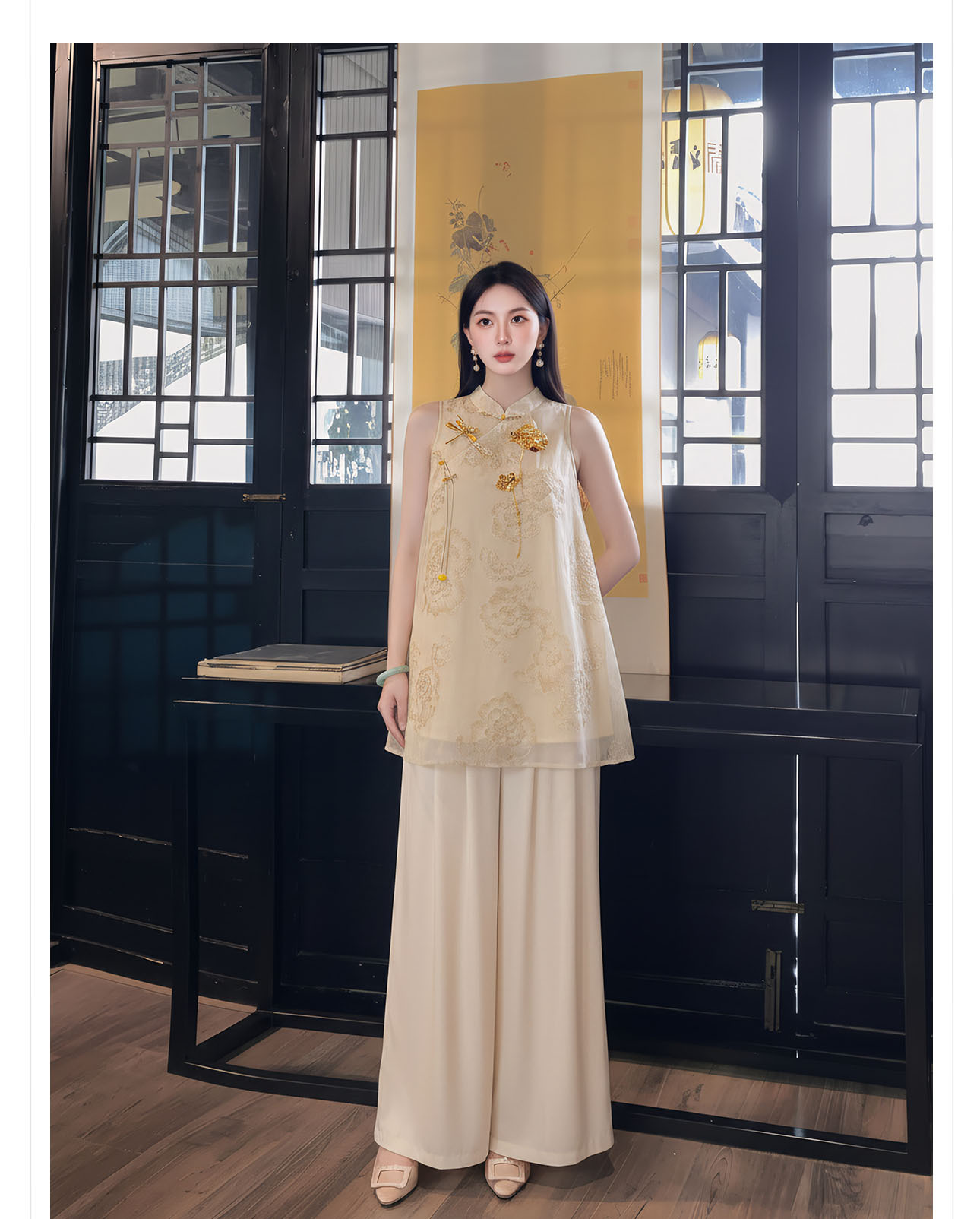 Đầm maxi nữ thắt eo thiết kế cổ điển họa tiết hoa nổi — Gừng chi tiết 10