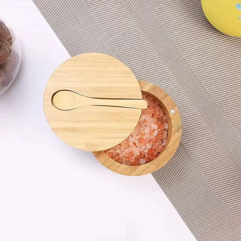 Деревянная бамбуковая соляная коробка с ложкой кухонная банка для специй магнитная вращающаяся крышка цельного дерева набор посуды для приправ дома
