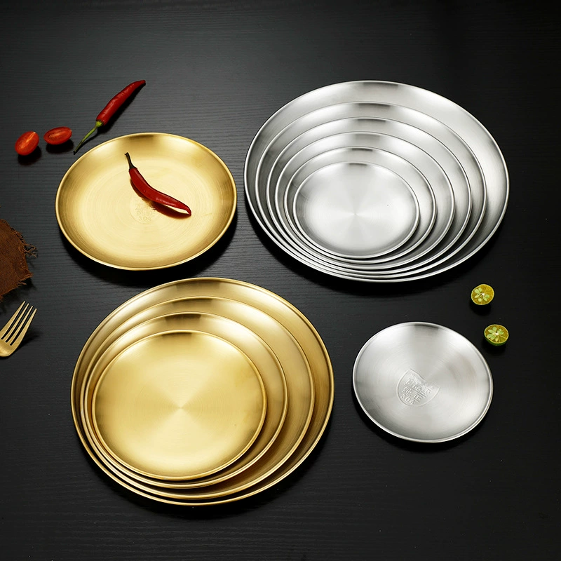 304 Stainless Steel Korean BBQ Platter, Round Buffet Plate, 14–30 cm, Silver or Gold