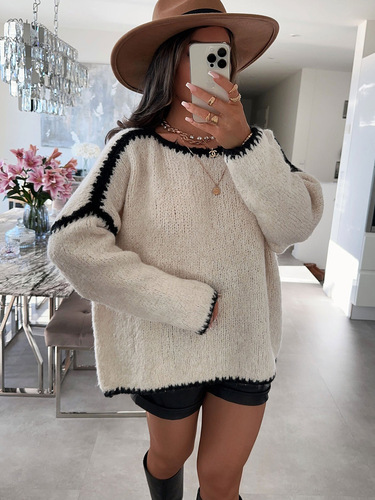 Autumn and winter new patchwork women's sweater, European and American style, round neck, casual, loose-fitting, knitted, warm pullover.
