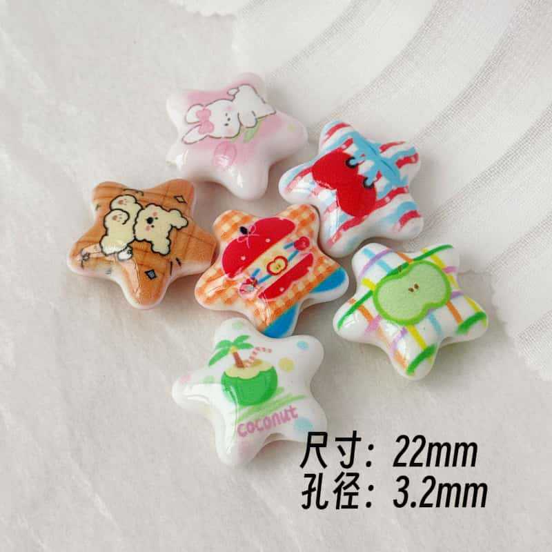 亚克力可爱印花小兔苹果五角星直孔散珠diy手机链串珠饰品配件|undefined