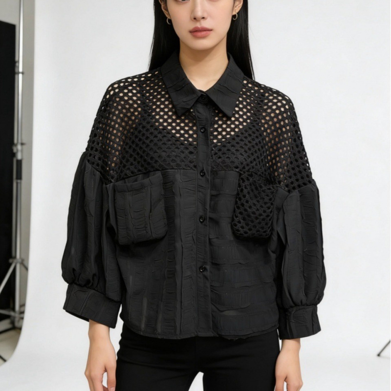 Korean Dongdaemun Stylish Mesh Patchwork Lace Puff Sleeve Turn-Down Collar Buttoned Hollow-Out Half-Sleeve Blouse