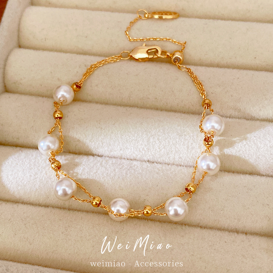 18k oro real chapado perlas de doble capa cruzada pulsera de extracción ligera pulsera de nicho de lujo personalidad joyas de mano mujer image 4