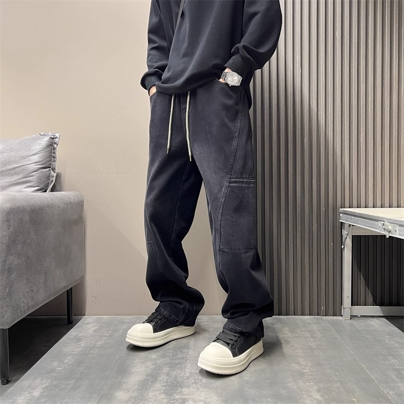 Men's Smoky Gray Washed Retro Straight Leg Jeans Style High Street Loose Fit Trendy Slimming Casual Slightly Flared Trousers_mkmklike.com
