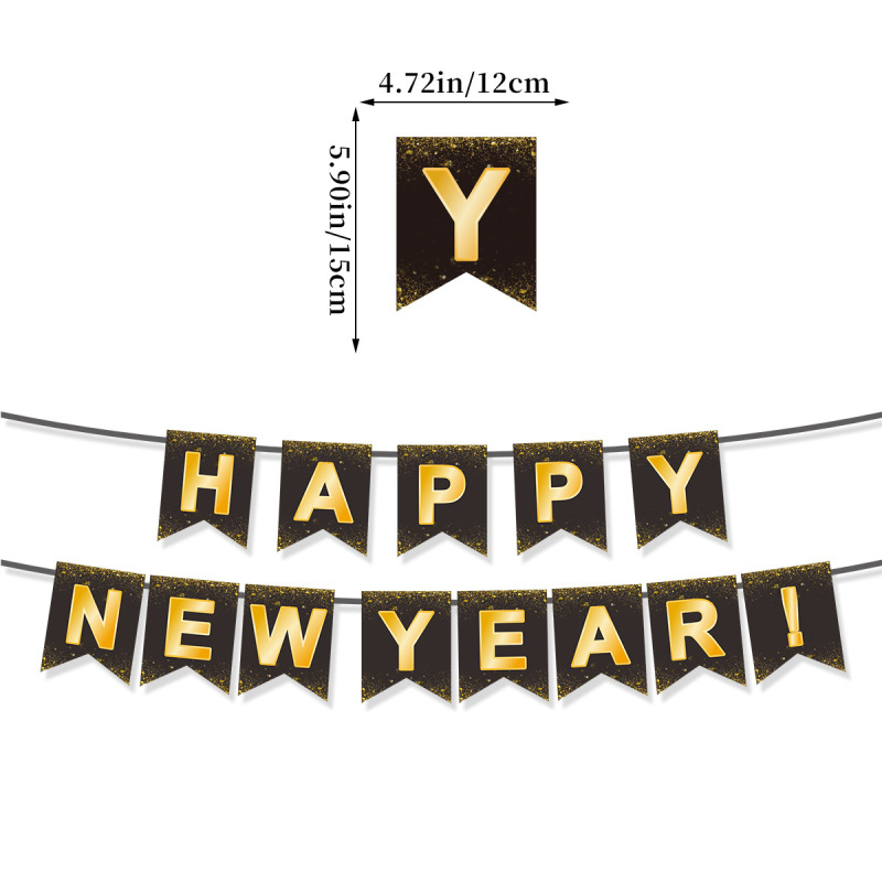 亚马逊跨境新年元旦晚会派对装饰HAPPY NEW YEAR黑金拉旗横幅批发|undefined