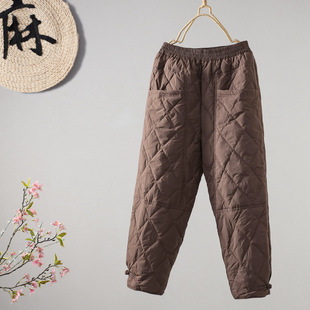 2024 Winter New Artistic Retro Solid Color Rhombic Cotton Pants Windproof Warm Thickened Loose Casual Haren Pants for Women