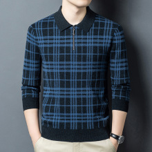男士冬季保暖100%羊毛衫中年商务休闲翻领拼色格子长袖针织打底衫