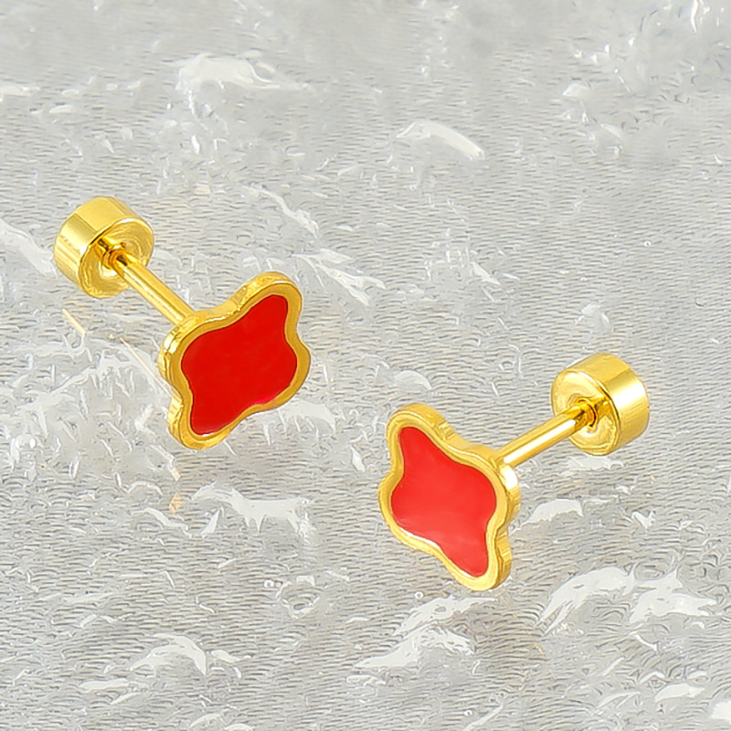Pendientes de Acero de Titanio con Diseño de Trébol de Cuatro Hojas Estilo Francés Minimalista, Multicolores, Antidesvanecimiento, Mini Pendientes de Alta Gama para Mujer