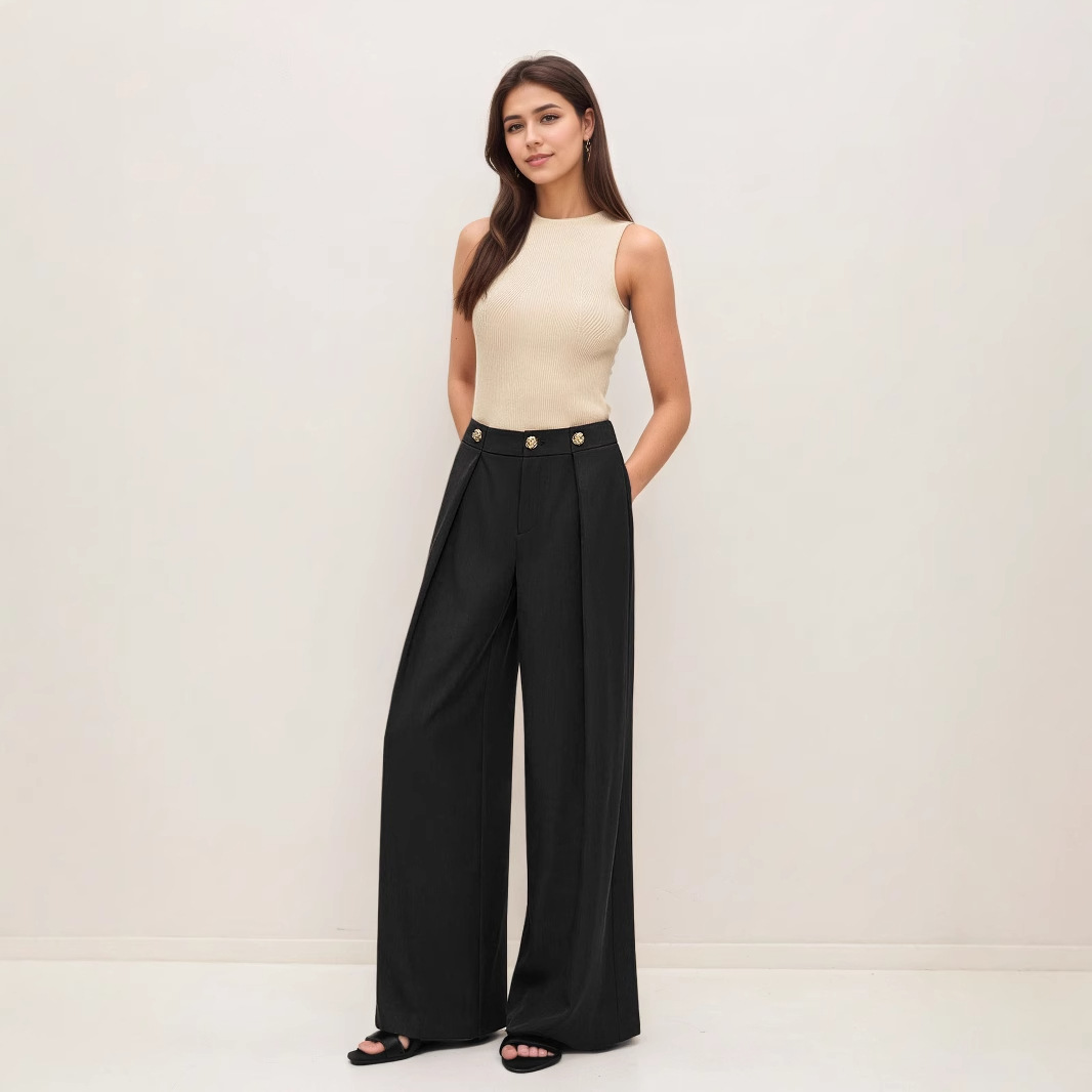 Cross-Border Summer Women's New Style Amazon Commuting Drape Pocket High Waist Straight Versatile Casual Zipper Trousers