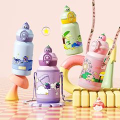 ダブルドリンク子供保温カップストロー付き316ステンレスアニメ携帯バウンスカバー創意公仔学生水筒