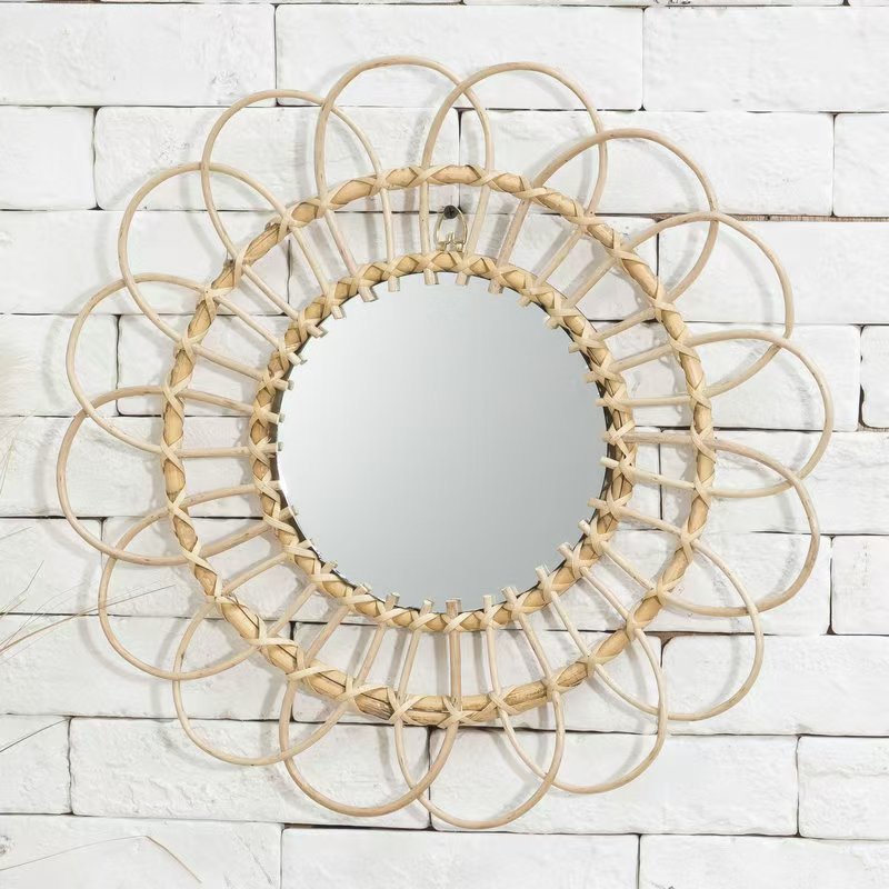 Decoración Colgante de Pared Redonda de Ratán y Madera para Sala de Estar
