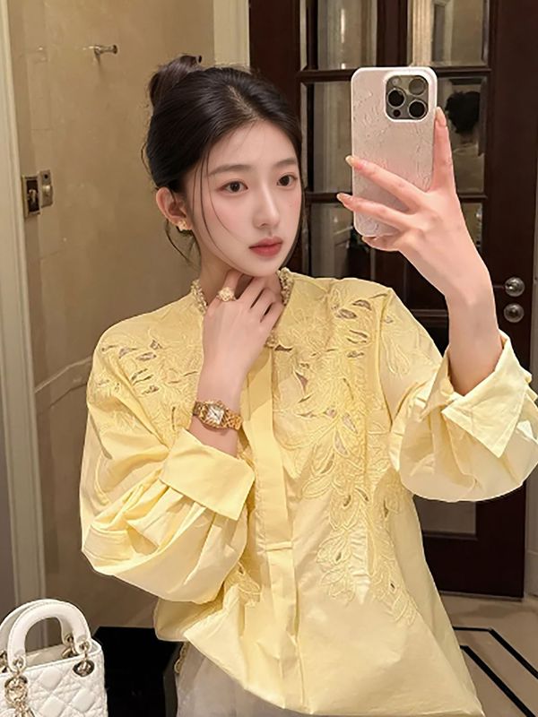 时尚新中式国风气质镂空刺绣衬衫秋季新款百搭显瘦上衣女 N8064|undefined