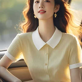 黄色冰丝Polo领针织衬衫女2024夏季新款通勤正肩短袖T恤欧货上衣