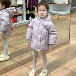 韩版童装2024新款冬季女童90白鸭绒连帽羽绒服儿童加厚三防外套潮