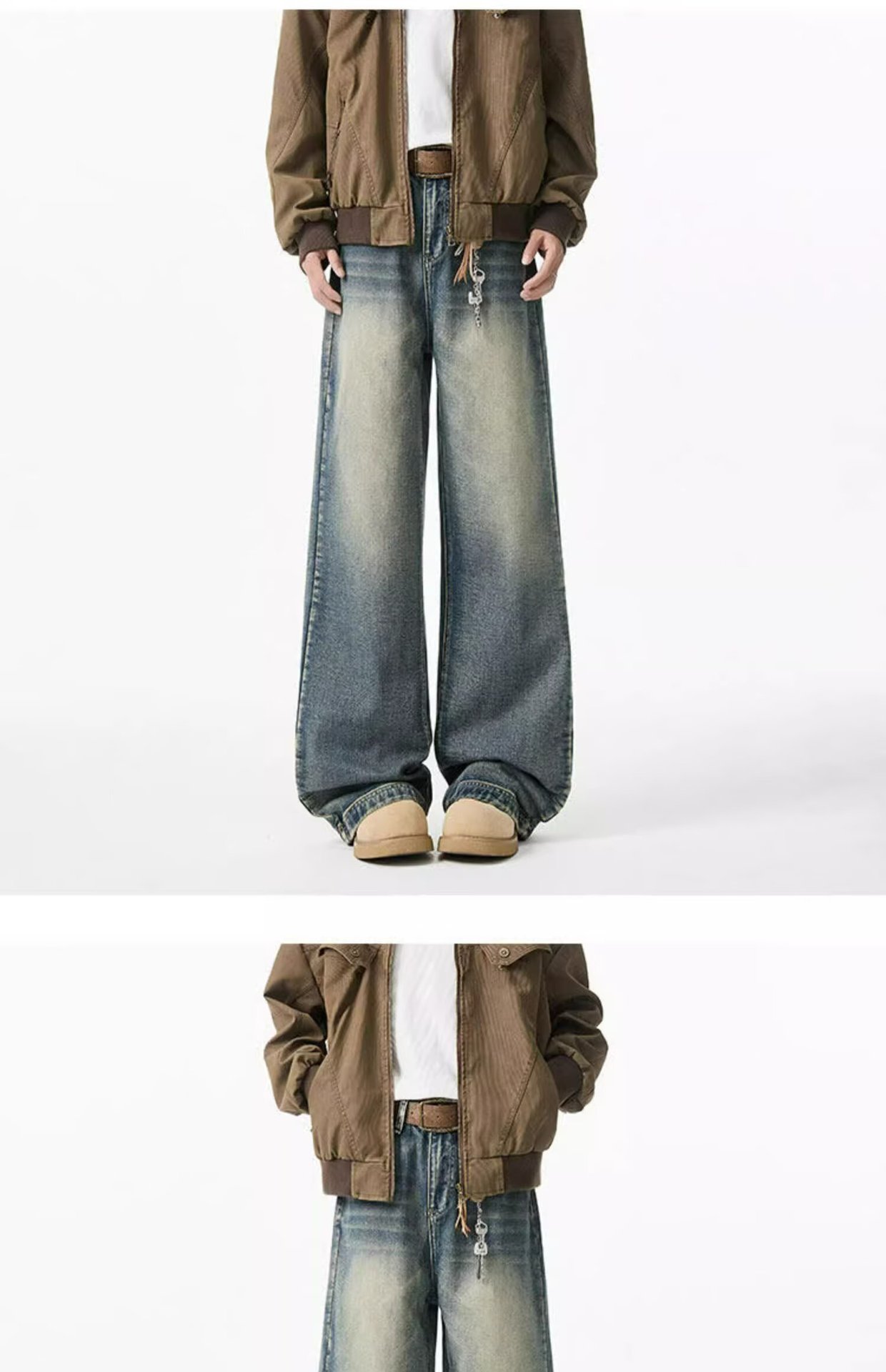Men's Vintage Washed Denim Jeans Slightly Flared Wide-Leg Cat Whisker Detailing High-Street Style Cleanfit Black Blue (S-3XL)_mkmklike.com