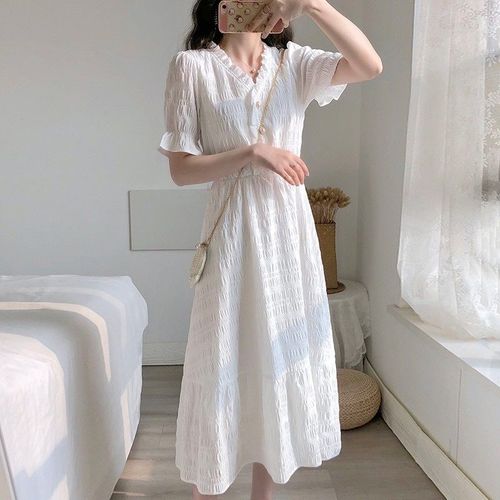 2024 French Chic V-neck Dress Women's Summer Waist Slimming Mid-Length Fairy A-Line Long Skirt